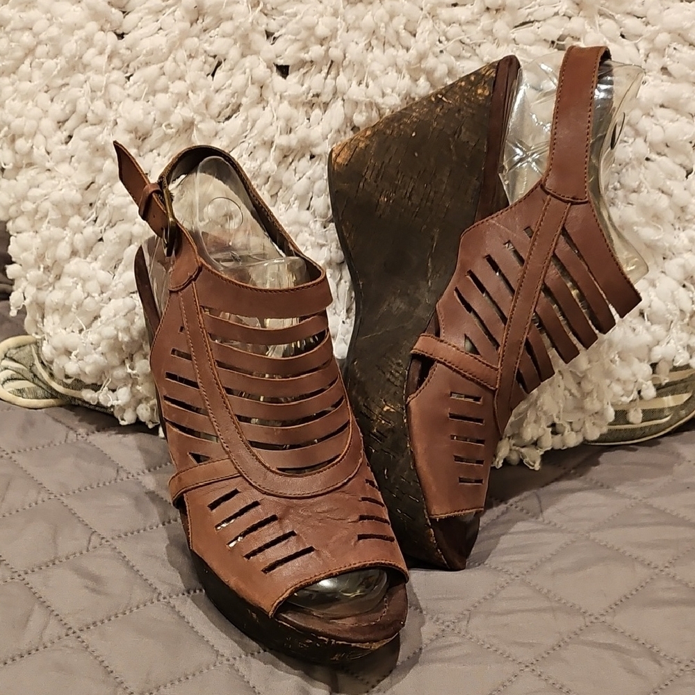 Nine West Brown Wedge Sandals with Cut-Out Design